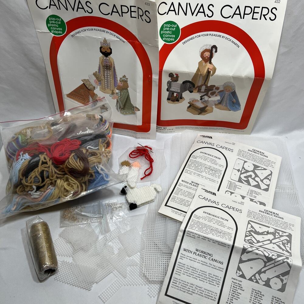 Vintage Leisure Arts 1982 Plastic Canvas Capers Christmas Nativity Kit #432 #433